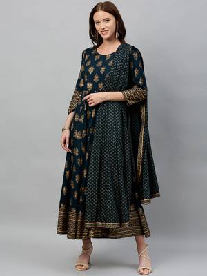 Teal Rayon stitched   Anarkali  with     Jacket 1
