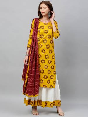 Mustard Rayon stitched   Kurta with     Palazzo with     Dupatta 1
