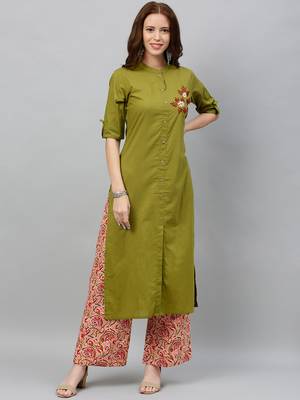 Green Cotton stitched   Kurta with     Palazzo 1