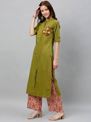 Green Cotton stitched   Kurta with     Palazzo 3