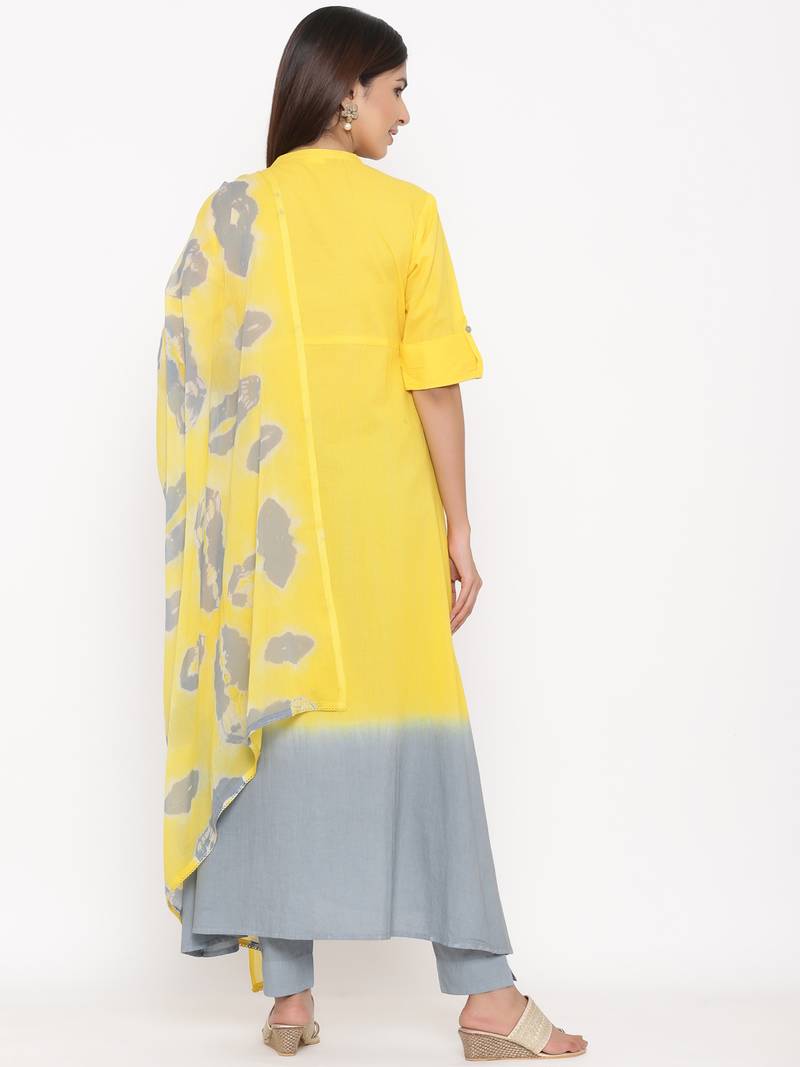 Yellow Cotton stitched   Kurta with     Palazzo with     Dupatta