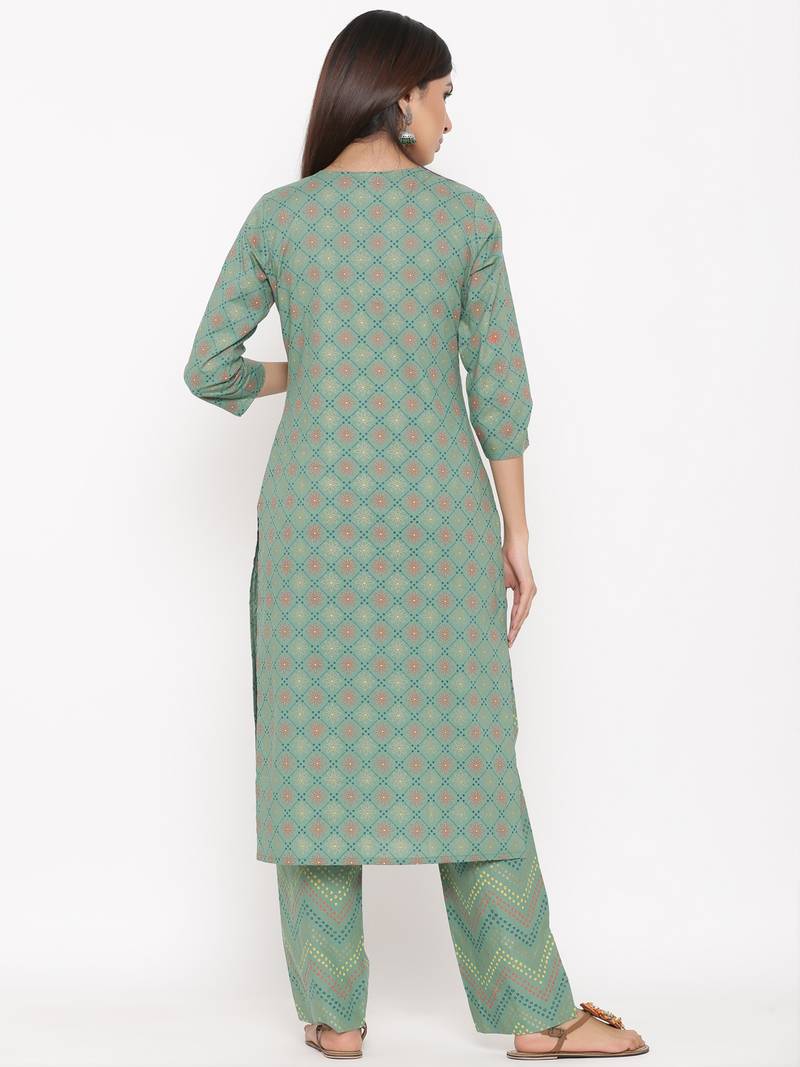 Green Cotton stitched   Kurta with     Palazzo