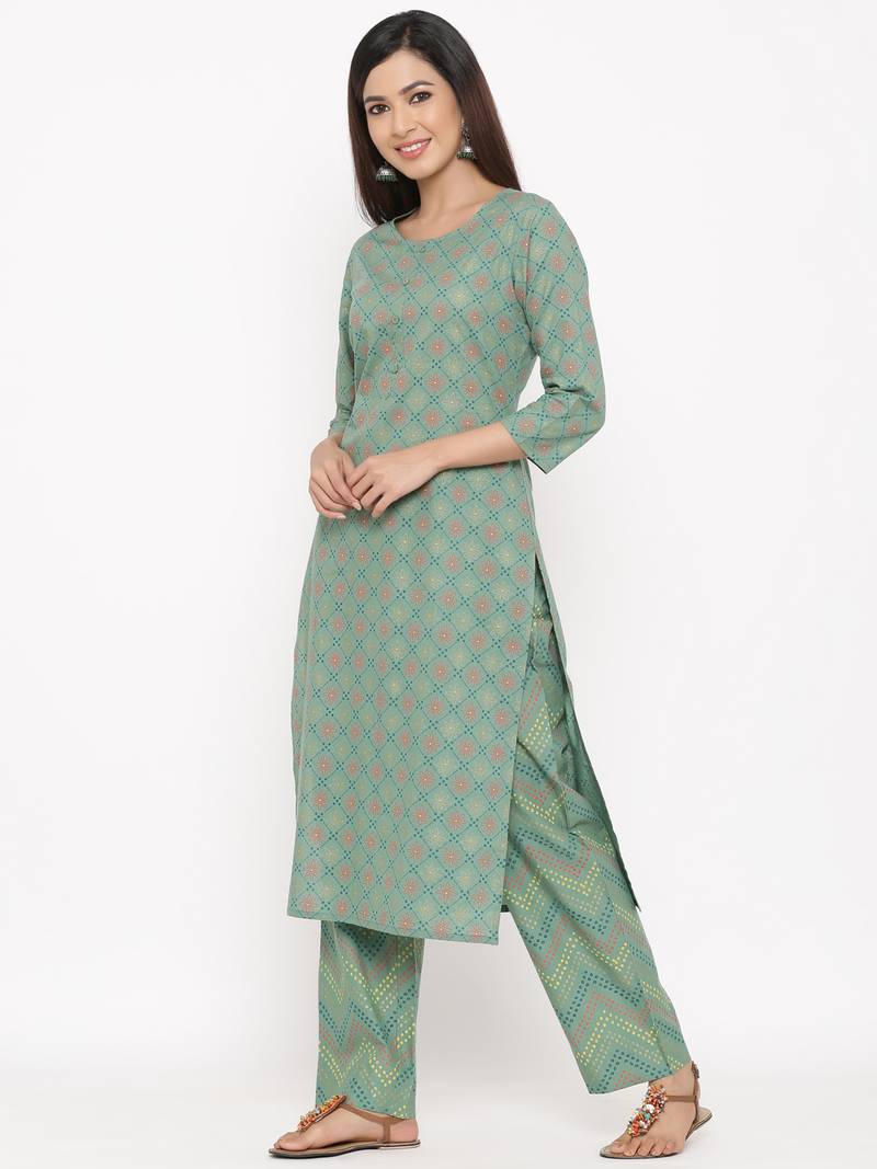 Green Cotton stitched   Kurta with     Palazzo