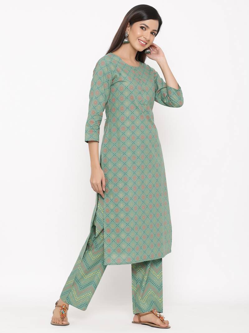 Green Cotton stitched   Kurta with     Palazzo