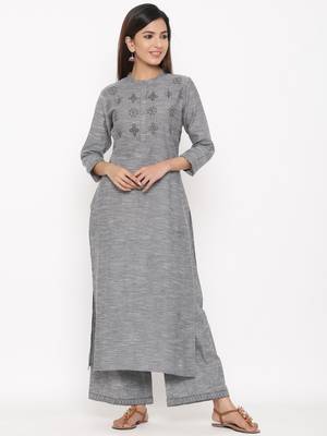 Dark Grey Cotton stitched   Kurta with     Palazzo 1