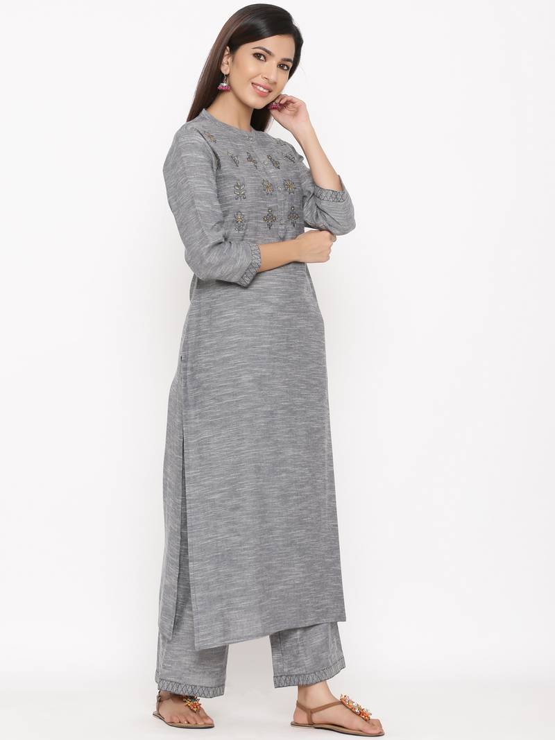 Dark Grey Cotton stitched   Kurta with     Palazzo