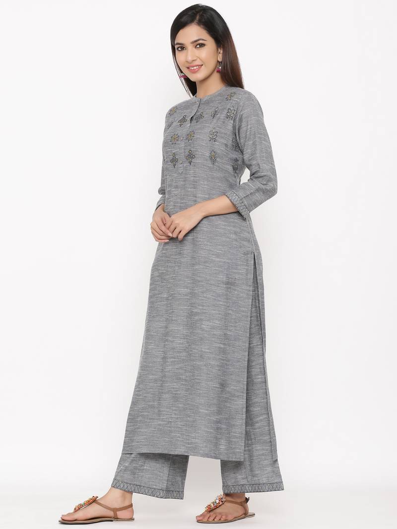 Dark Grey Cotton stitched   Kurta with     Palazzo