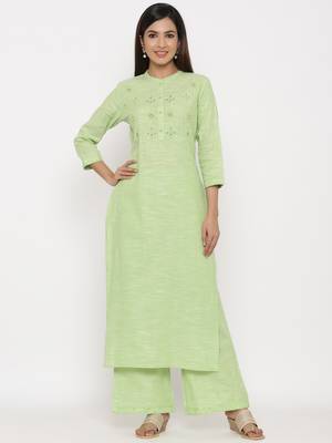 Parrot Green Cotton stitched   Kurta with     Palazzo 1