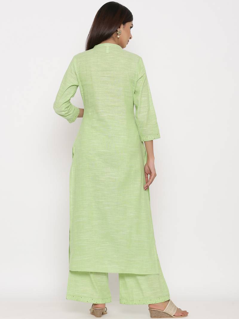 Parrot Green Cotton stitched   Kurta with     Palazzo