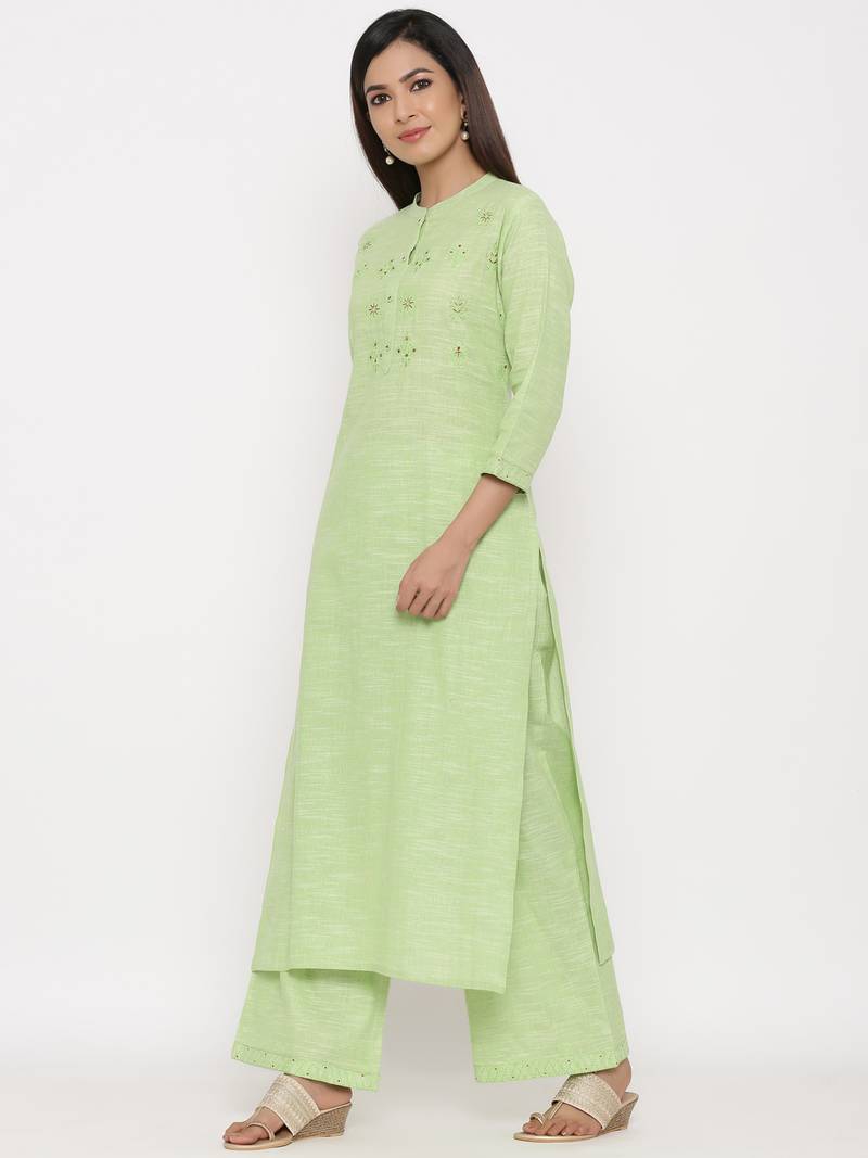 Parrot Green Cotton stitched   Kurta with     Palazzo