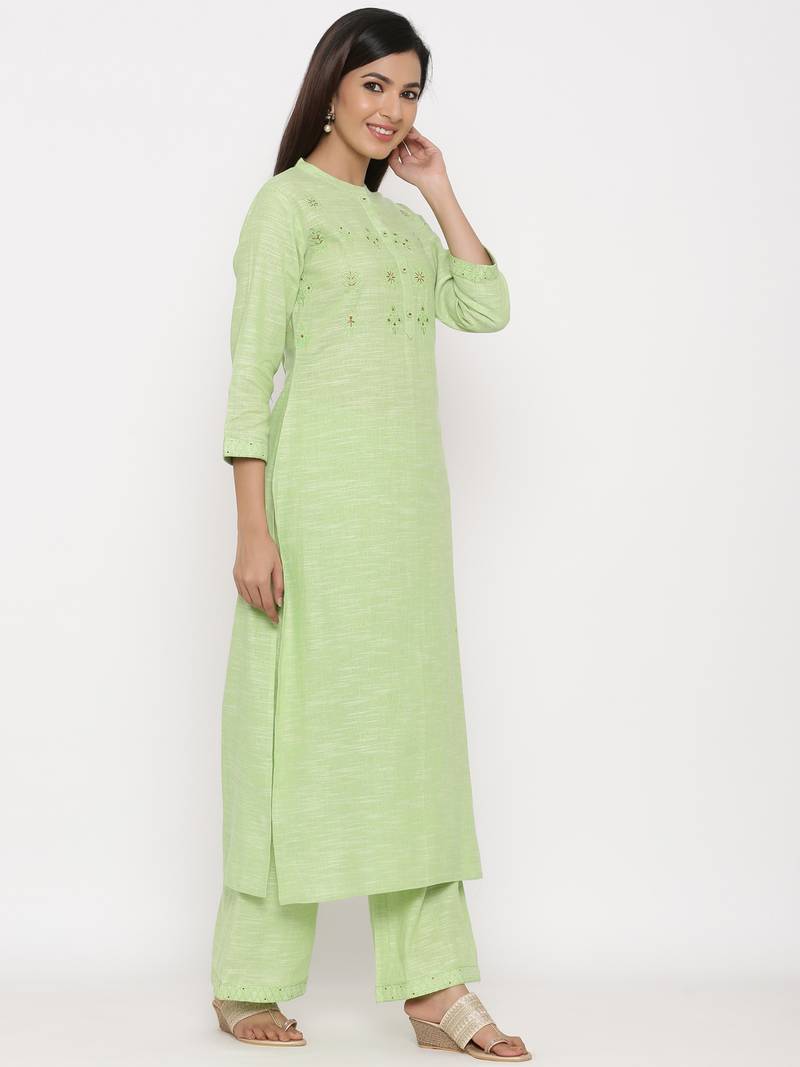 Parrot Green Cotton stitched   Kurta with     Palazzo