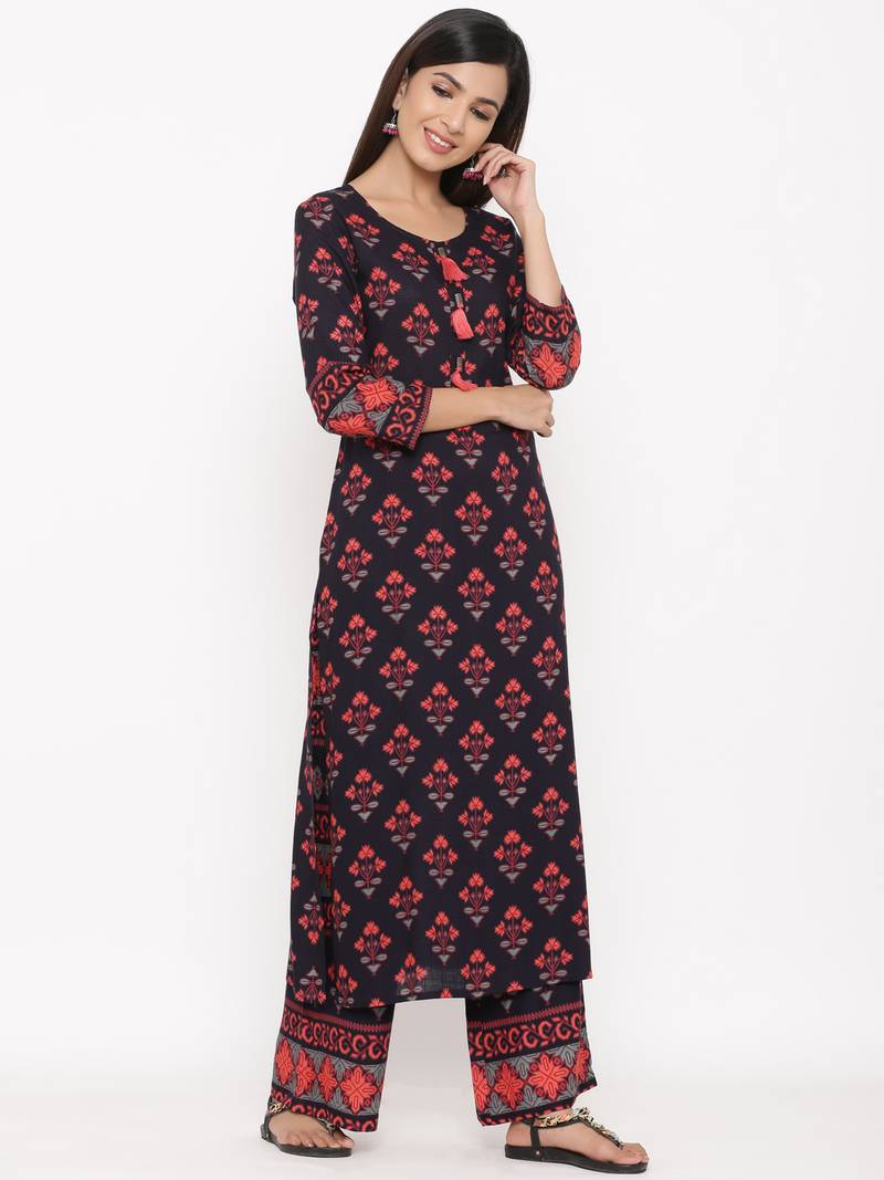 Navy Rayon stitched   Kurta with     Palazzo