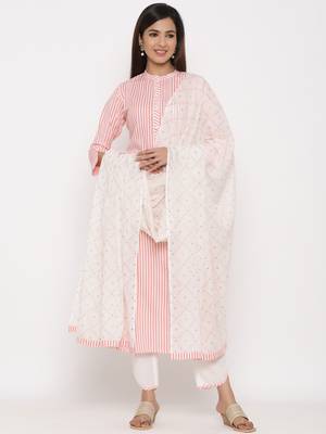 Peach Cotton stitched   Kurta with     Palazzo with     Dupatta 1