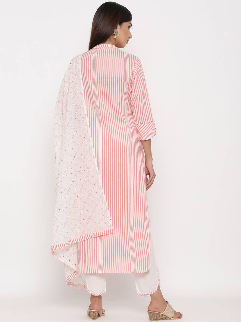 Peach Cotton stitched   Kurta with     Palazzo with     Dupatta