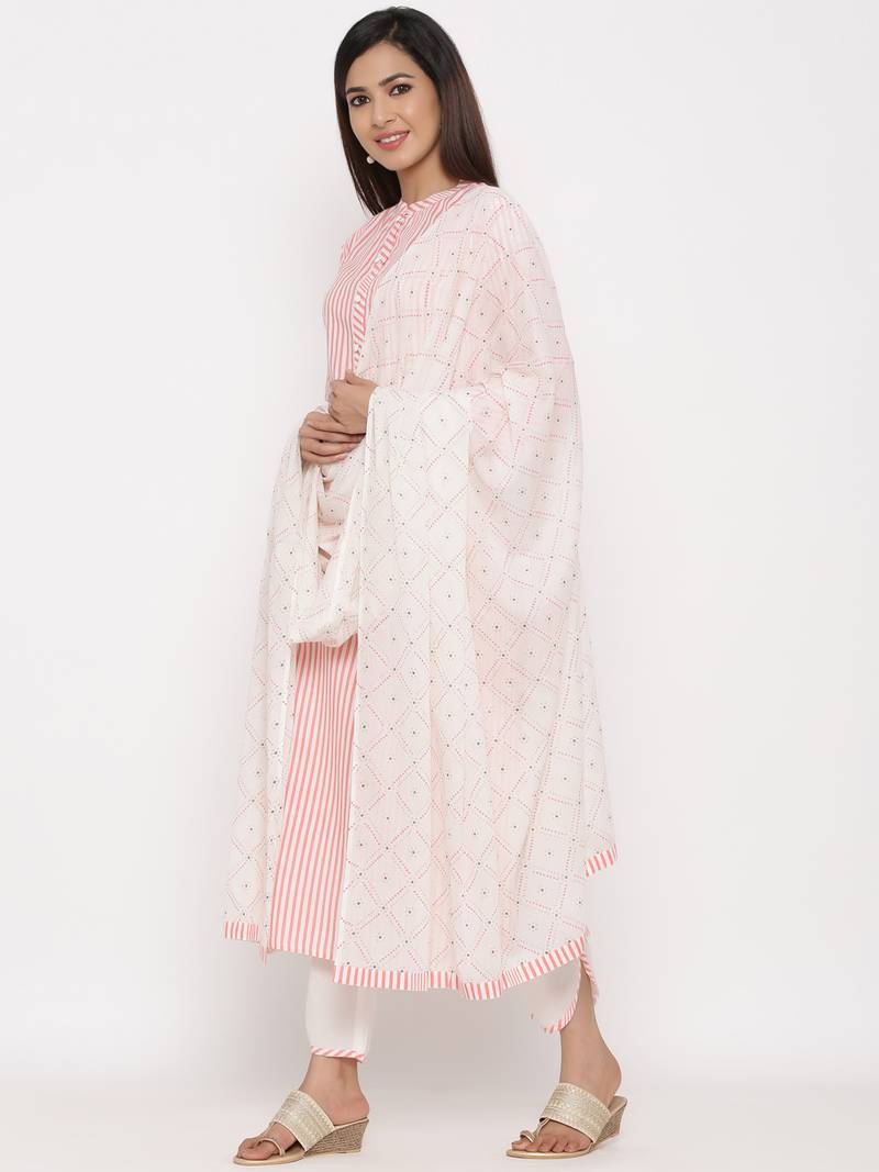 Peach Cotton stitched   Kurta with     Palazzo with     Dupatta