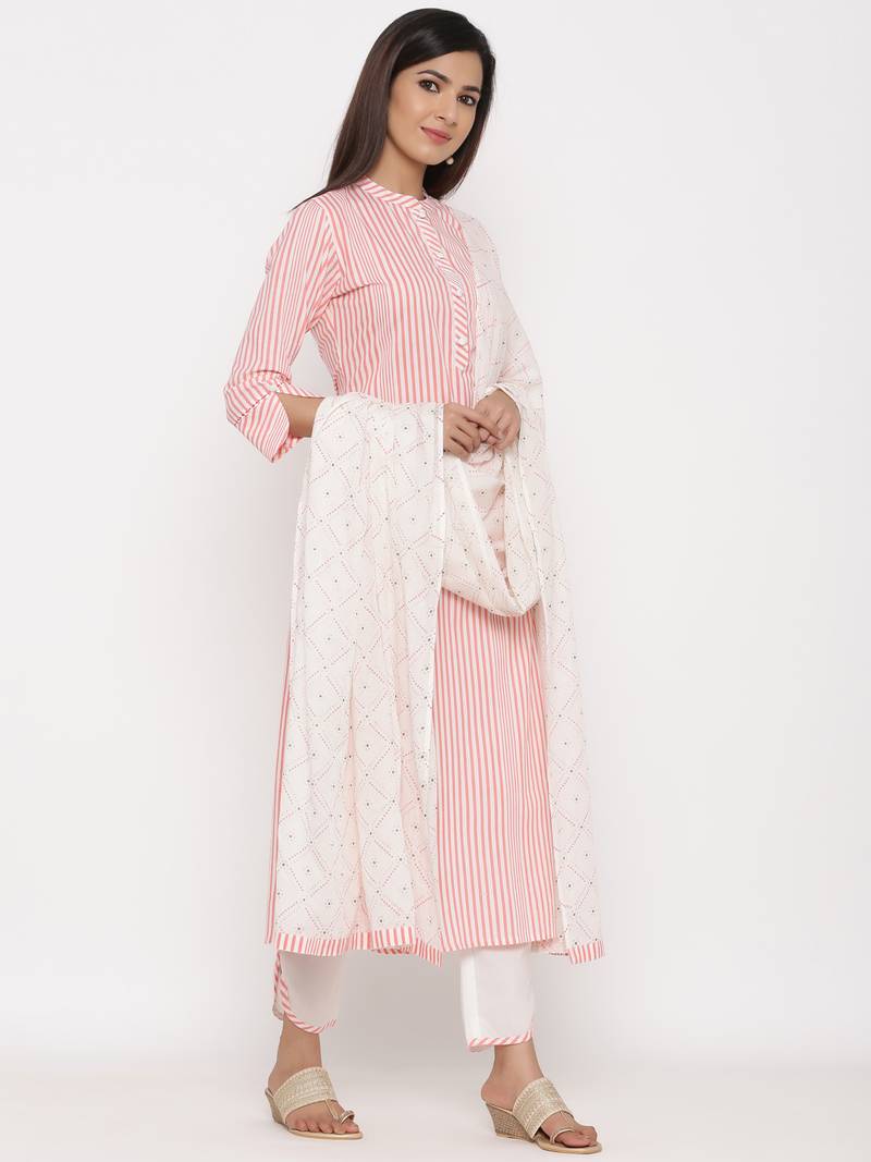Peach Cotton stitched   Kurta with     Palazzo with     Dupatta