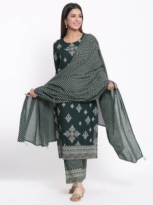 GREEN Rayon stitched   Kurta with     Palazzo with     Dupatta 1