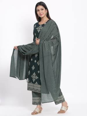 GREEN Rayon stitched   Kurta with     Palazzo with     Dupatta 3