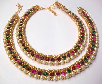 Rainbow color stone pearl Golden Anklet 1