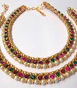 Rainbow color stone pearl Golden Anklet