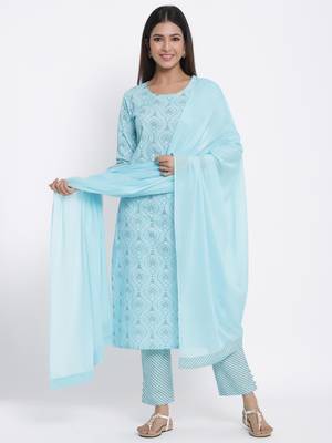 Sky Blue Cotton stitched   Kurta with     Palazzo with     Dupatta 1