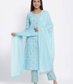 Sky Blue Cotton stitched   Kurta with     Palazzo with     Dupatta