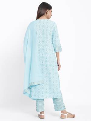 Sky Blue Cotton stitched   Kurta with     Palazzo with     Dupatta 2