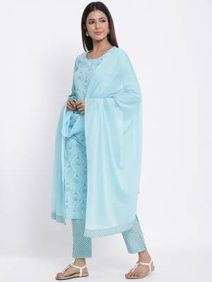 Sky Blue Cotton stitched   Kurta with     Palazzo with     Dupatta 3