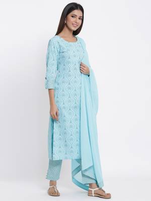 Sky Blue Cotton stitched   Kurta with     Palazzo with     Dupatta 4