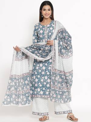 Blue Cotton stitched   Kurta with     Palazzo with     Dupatta 1