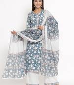 Blue Cotton stitched   Kurta with     Palazzo with     Dupatta
