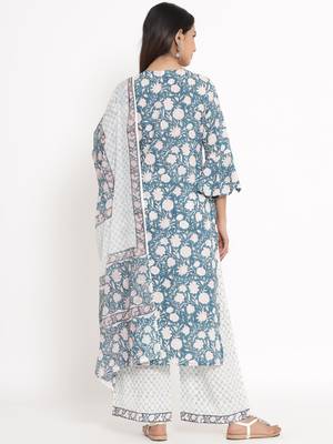 Blue Cotton stitched   Kurta with     Palazzo with     Dupatta 2