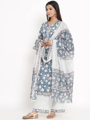Blue Cotton stitched   Kurta with     Palazzo with     Dupatta 3