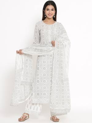 White Cotton stitched   Kurta with     Palazzo with     Dupatta 1
