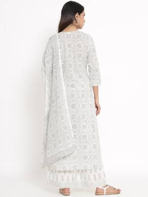 White Cotton stitched   Kurta with     Palazzo with     Dupatta 2