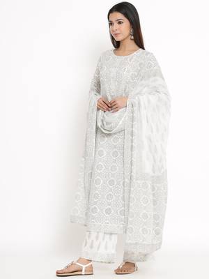 White Cotton stitched   Kurta with     Palazzo with     Dupatta 3