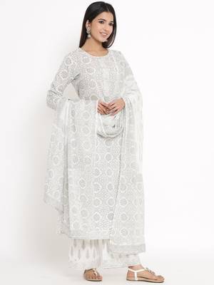 White Cotton stitched   Kurta with     Palazzo with     Dupatta 4