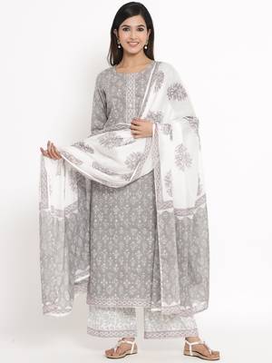 Grey Cotton stitched   Kurta with     Palazzo with     Dupatta 1
