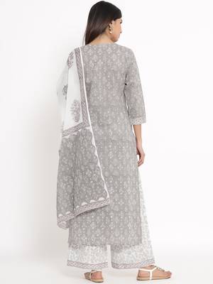 Grey Cotton stitched   Kurta with     Palazzo with     Dupatta 2