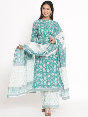 Green Cotton stitched   Kurta with     Palazzo with     Dupatta 1