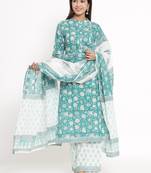Green Cotton stitched   Kurta with     Palazzo with     Dupatta