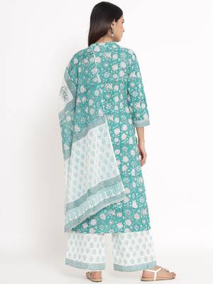Green Cotton stitched   Kurta with     Palazzo with     Dupatta 2