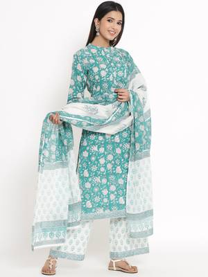 Green Cotton stitched   Kurta with     Palazzo with     Dupatta 3
