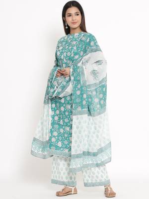 Green Cotton stitched   Kurta with     Palazzo with     Dupatta 4
