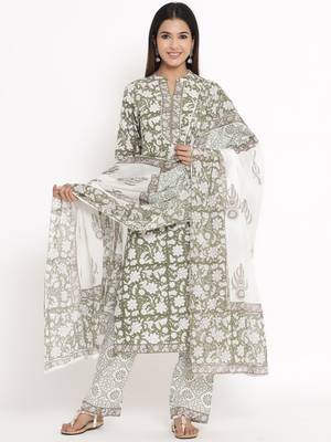 Green Cotton stitched   Kurta with     Palazzo with     Dupatta 1