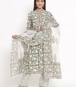 Green Cotton stitched   Kurta with     Palazzo with     Dupatta
