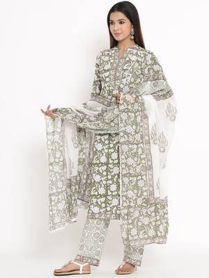 Green Cotton stitched   Kurta with     Palazzo with     Dupatta 3