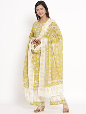 Yellow Cotton stitched   Kurta with     Palazzo with     Dupatta 3