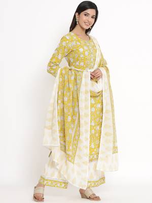 Yellow Cotton stitched   Kurta with     Palazzo with     Dupatta 4