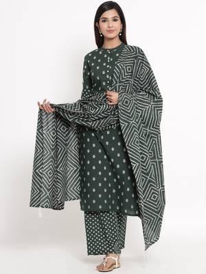 GREEN Cotton stitched   Kurta with     Palazzo with     Dupatta 1